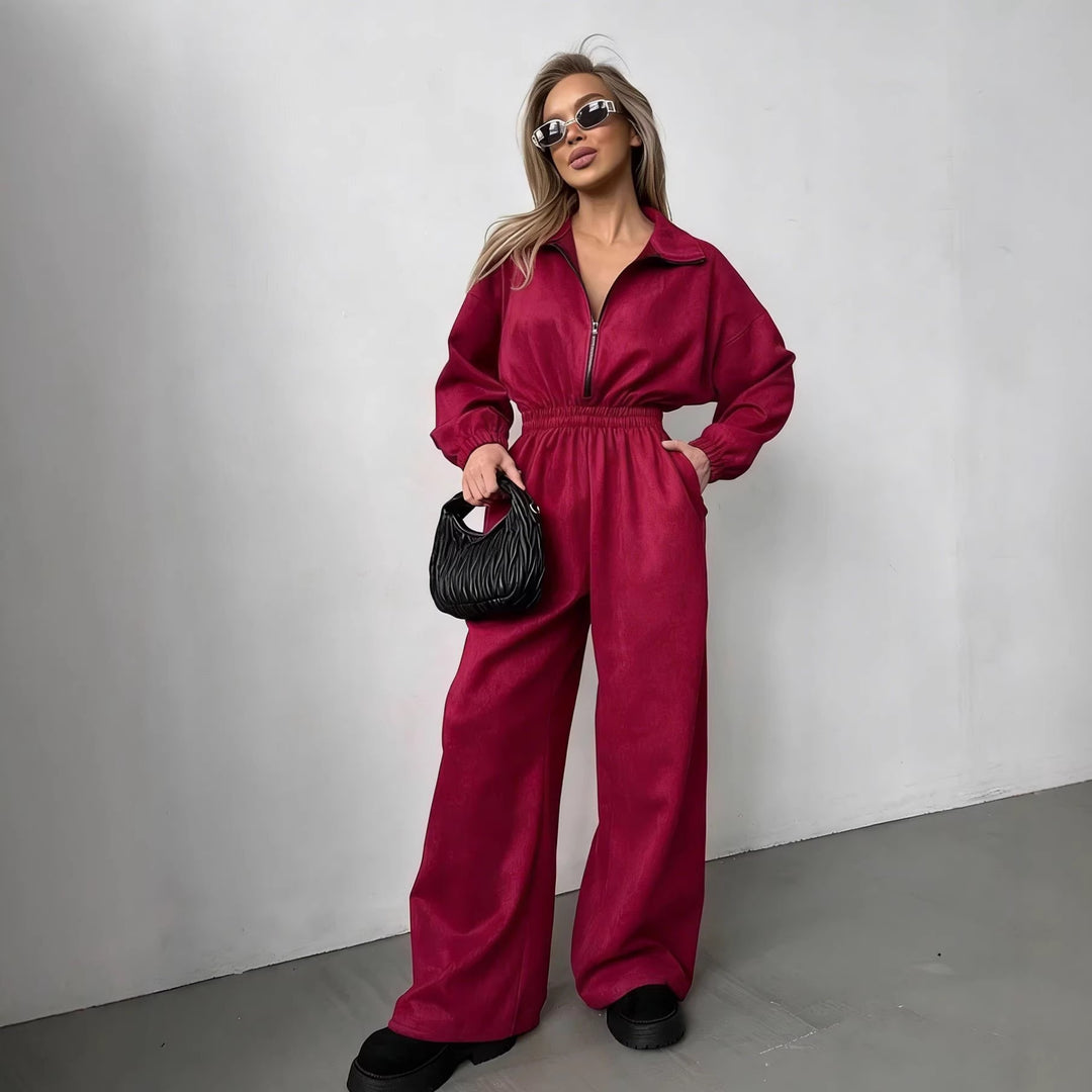 Kvinnors fleece jumpsuit med hög krage och elastiskt band-Eva Jonsson