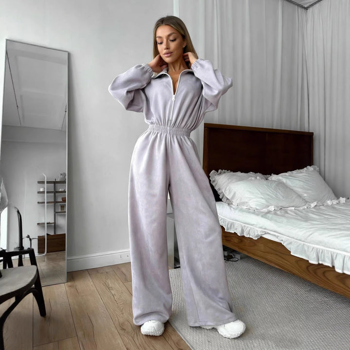 Kvinnors fleece jumpsuit med hög krage och elastiskt band-Eva Jonsson