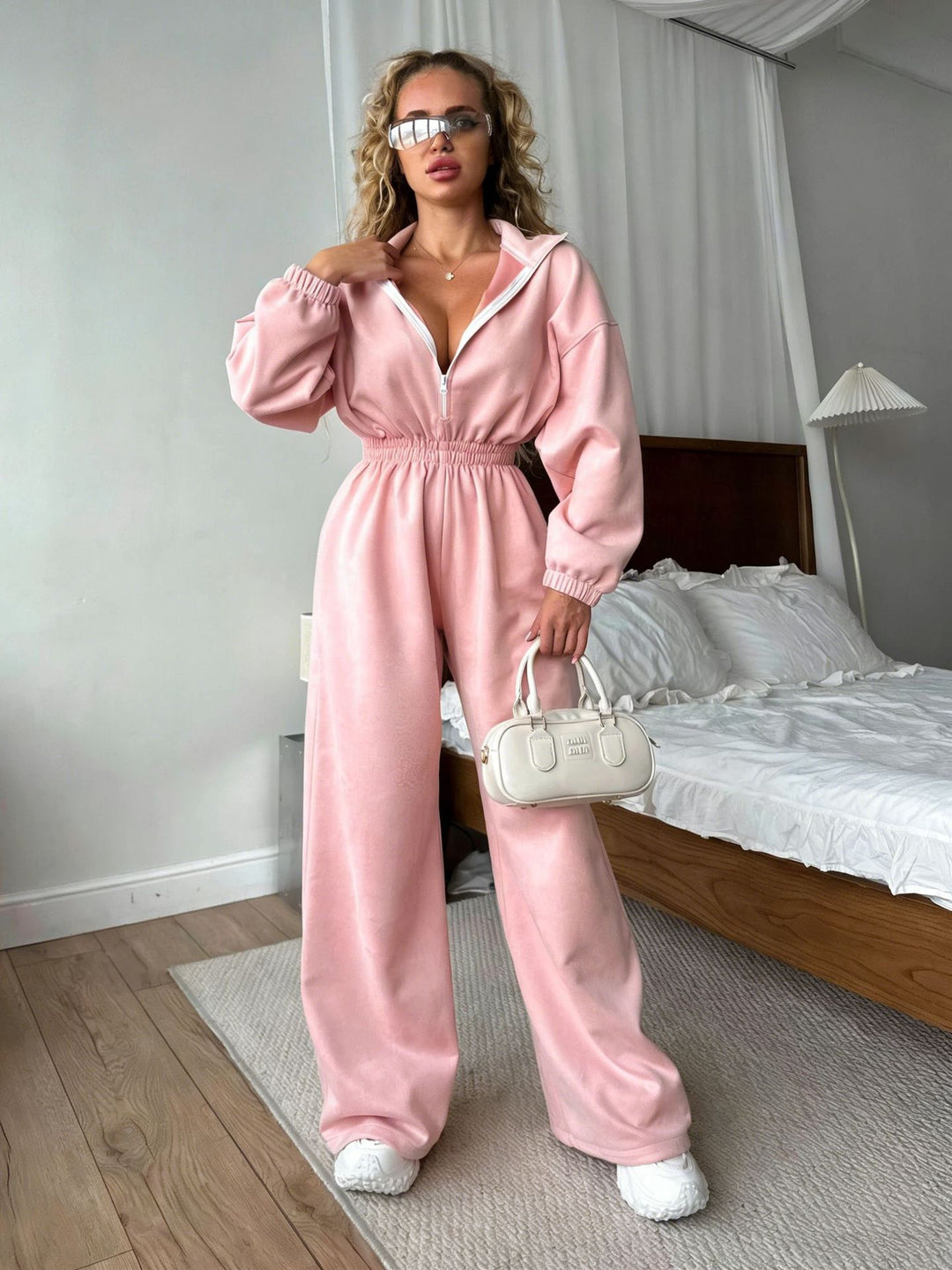 Kvinnors fleece jumpsuit med hög krage och elastiskt band-Eva Jonsson