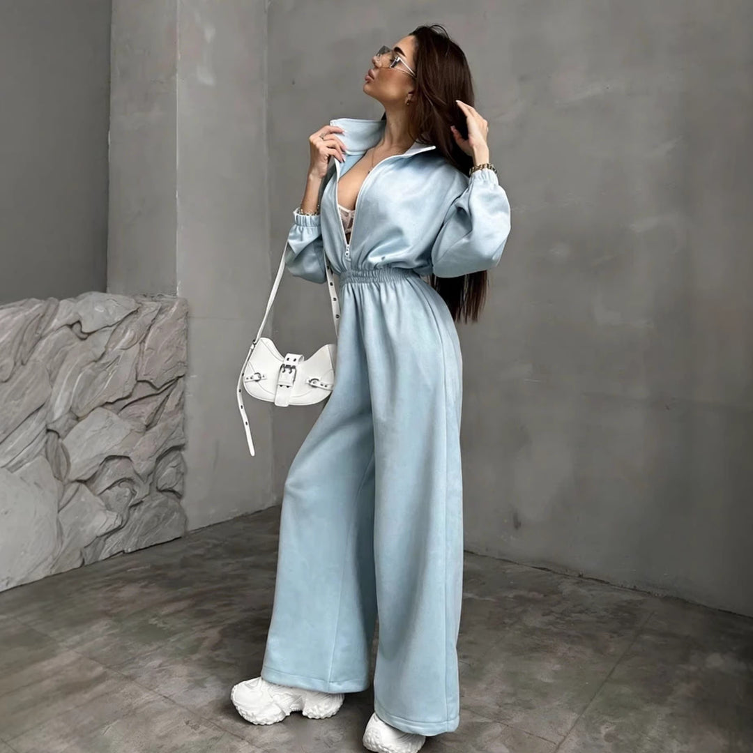 Kvinnors fleece jumpsuit med hög krage och elastiskt band-Eva Jonsson