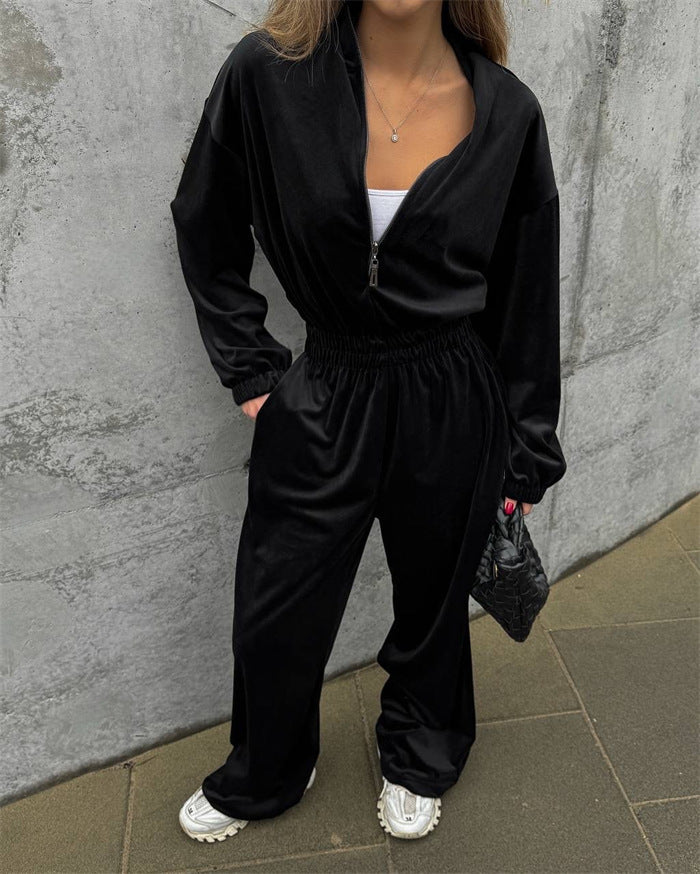 Kvinnors fleece jumpsuit med stiliga dragkedjedetaljer och elastisk midja Mirla-Eva Jonsson