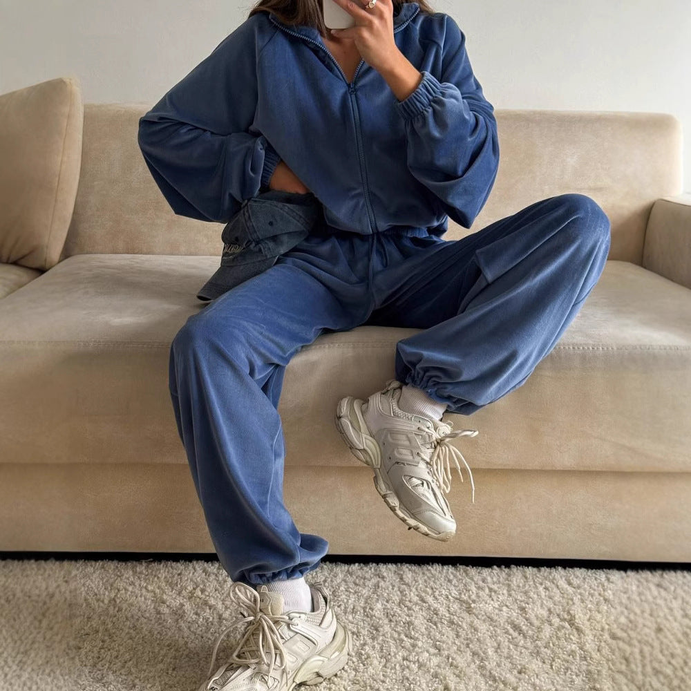 Kvinnors fleece loungekläder set med modern dragkedja och lös passform Mirla-Eva Jonsson