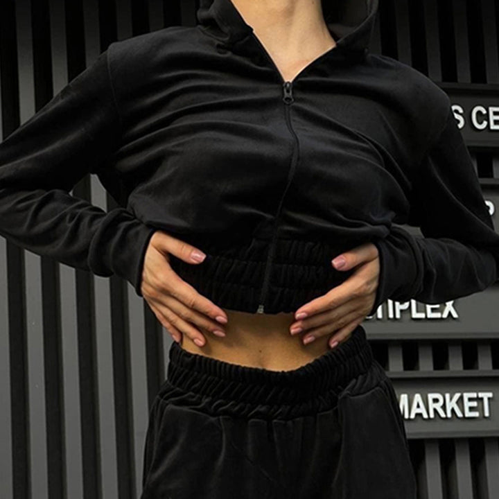 Kvinnors fleece träningsdräkt med huva och elastisk midja Mirla-Eva Jonsson