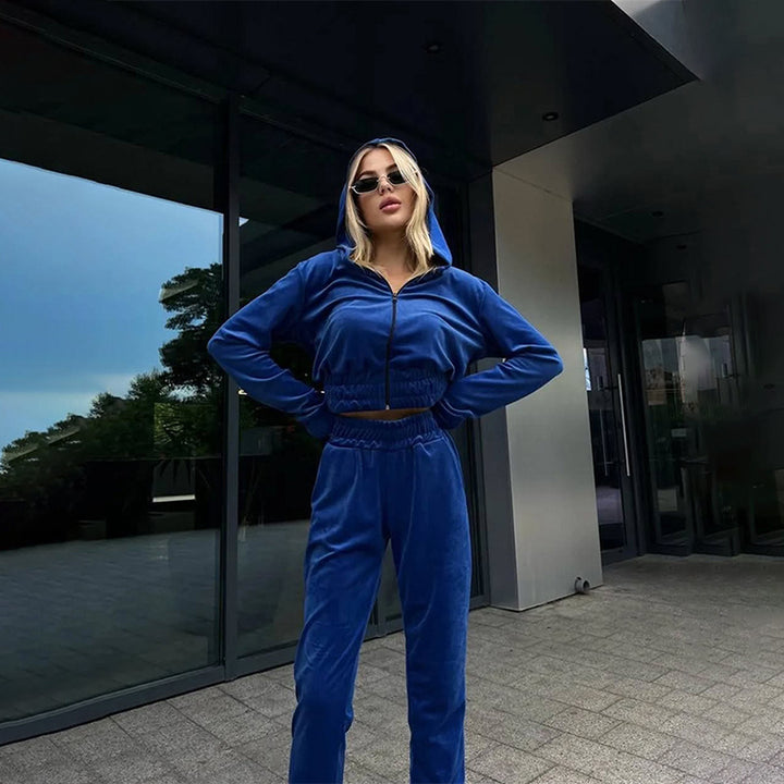 Kvinnors fleece träningsdräkt med huva och elastisk midja Mirla-Eva Jonsson
