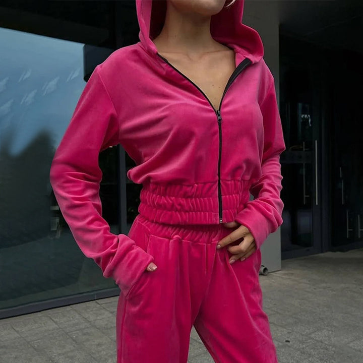 Kvinnors fleece träningsdräkt med huva och elastisk midja Mirla-Eva Jonsson