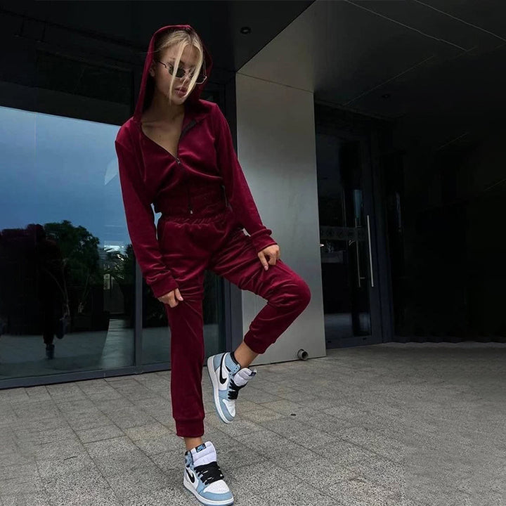 Kvinnors fleece träningsdräkt med huva och elastisk midja Mirla-Eva Jonsson
