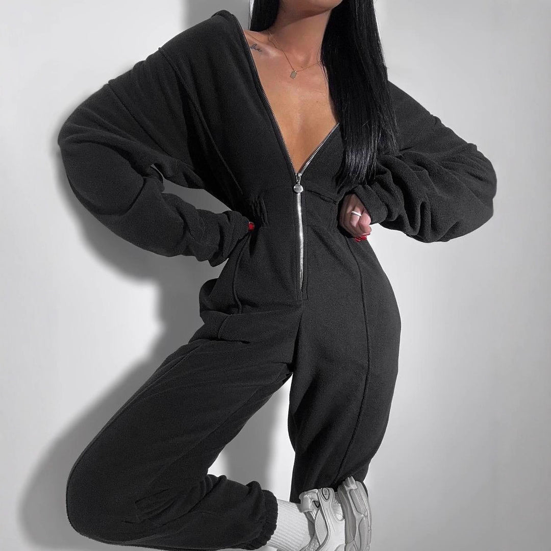 Kvinnors fleeceplaysuit med djup halsringning och dragkedja Mirla-Eva Jonsson