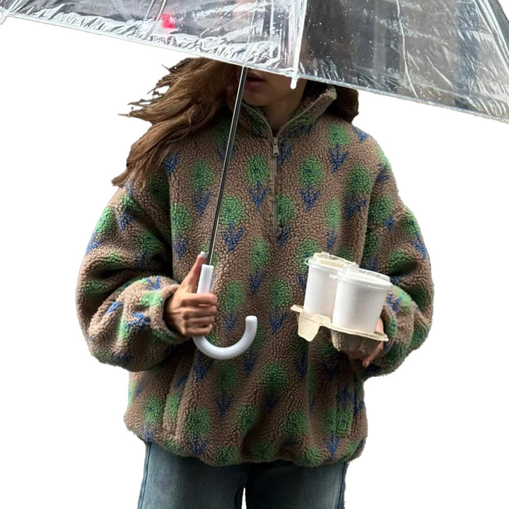Kvinnors fleecepullover med blommönster och hög krage Mirla-Eva Jonsson