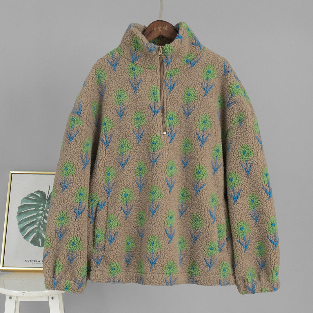 Kvinnors fleecepullover med blommönster och hög krage Mirla-Eva Jonsson