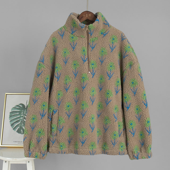 Kvinnors fleecepullover med blommönster och hög krage Mirla-Eva Jonsson
