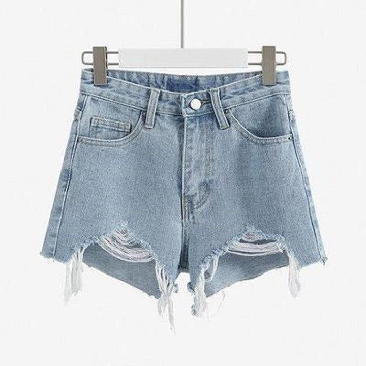 Kvinnors förstörda denimshorts med hög midja och fransad nederkant-Eva Jonsson