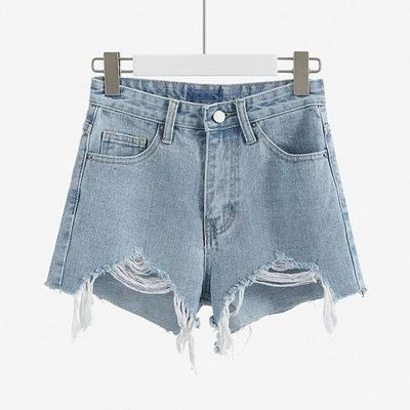 Kvinnors förstörda denimshorts med hög midja och fransad nederkant-Eva Jonsson