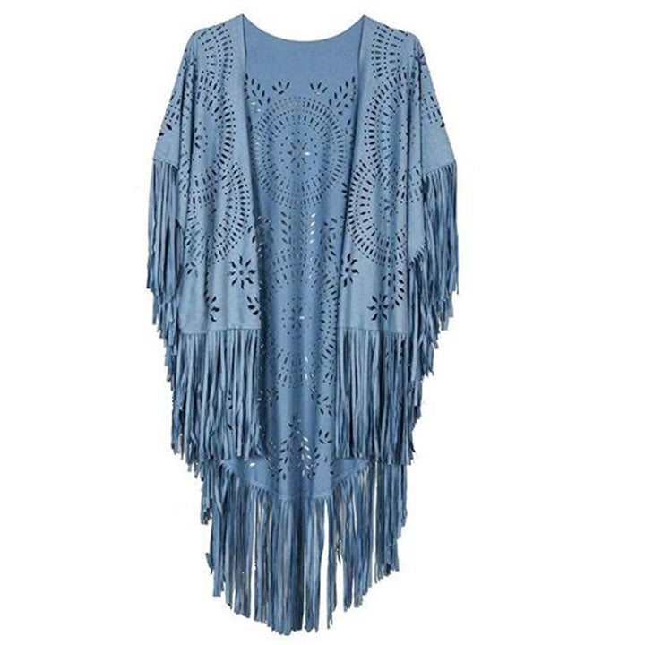 Kvinnors fransad, lätt kimono gjord av kunstläder med utskärningsmönster-Eva Jonsson