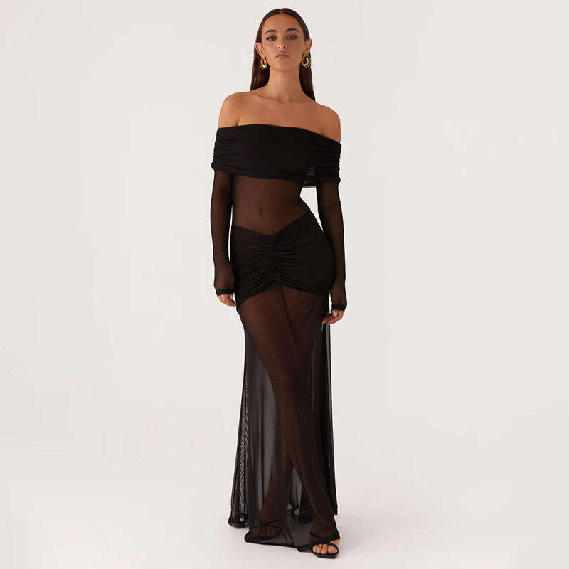 Kvinnors genomskinlig maxiklänning med off-shoulder-design och volanger Mirla-Eva Jonsson