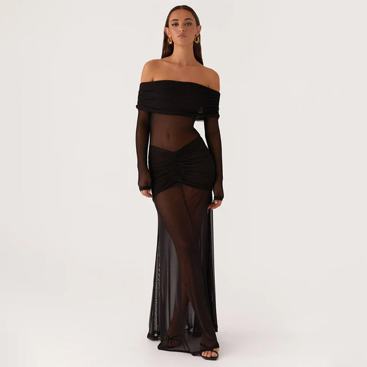 Kvinnors genomskinlig maxiklänning med off-shoulder-design och volanger Mirla-Eva Jonsson