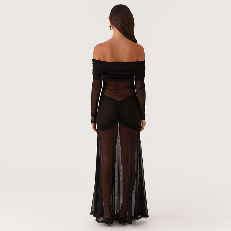Kvinnors genomskinlig maxiklänning med off-shoulder-design och volanger Mirla-Eva Jonsson