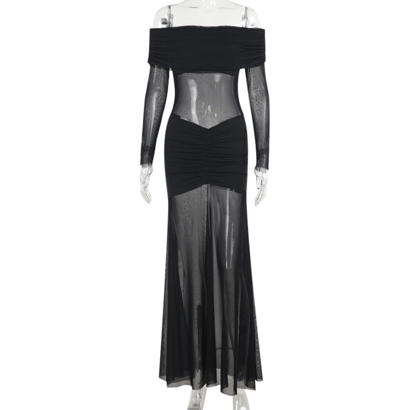 Kvinnors genomskinlig maxiklänning med off-shoulder-design och volanger Mirla-Eva Jonsson