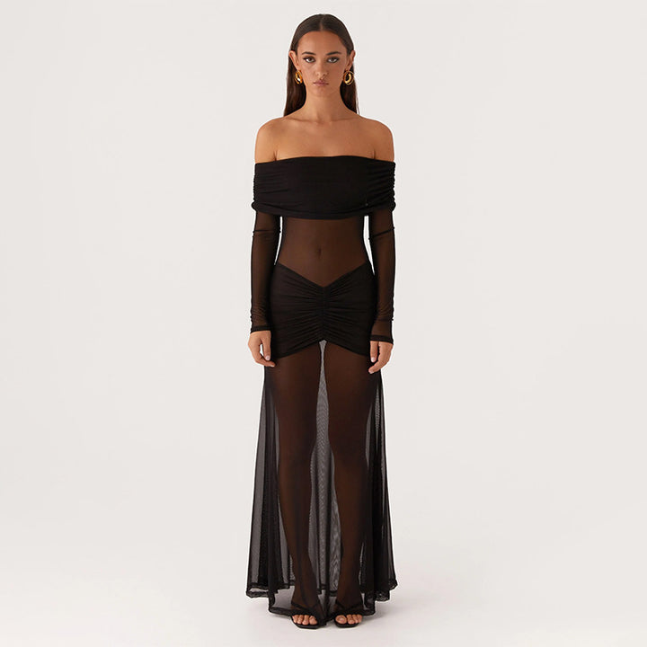 Kvinnors genomskinlig maxiklänning med off-shoulder-design och volanger Mirla-Eva Jonsson