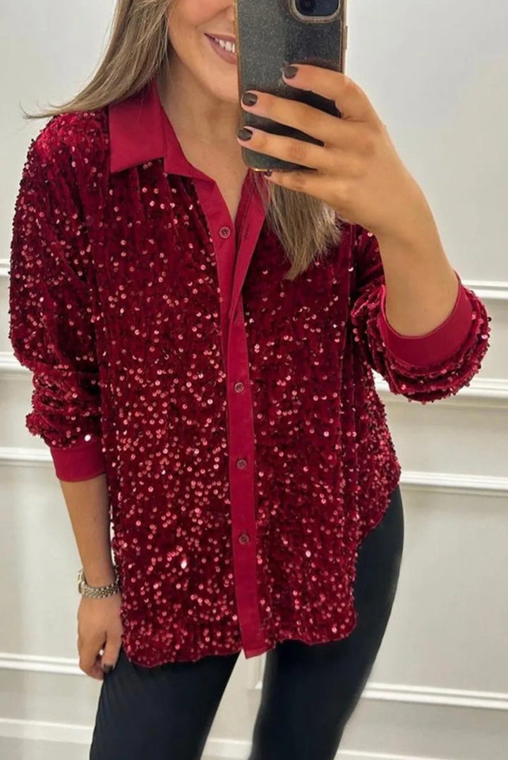 Kvinnors glamorösa paljettblus med klassisk krage och långa ärmar Mirla-Eva Jonsson