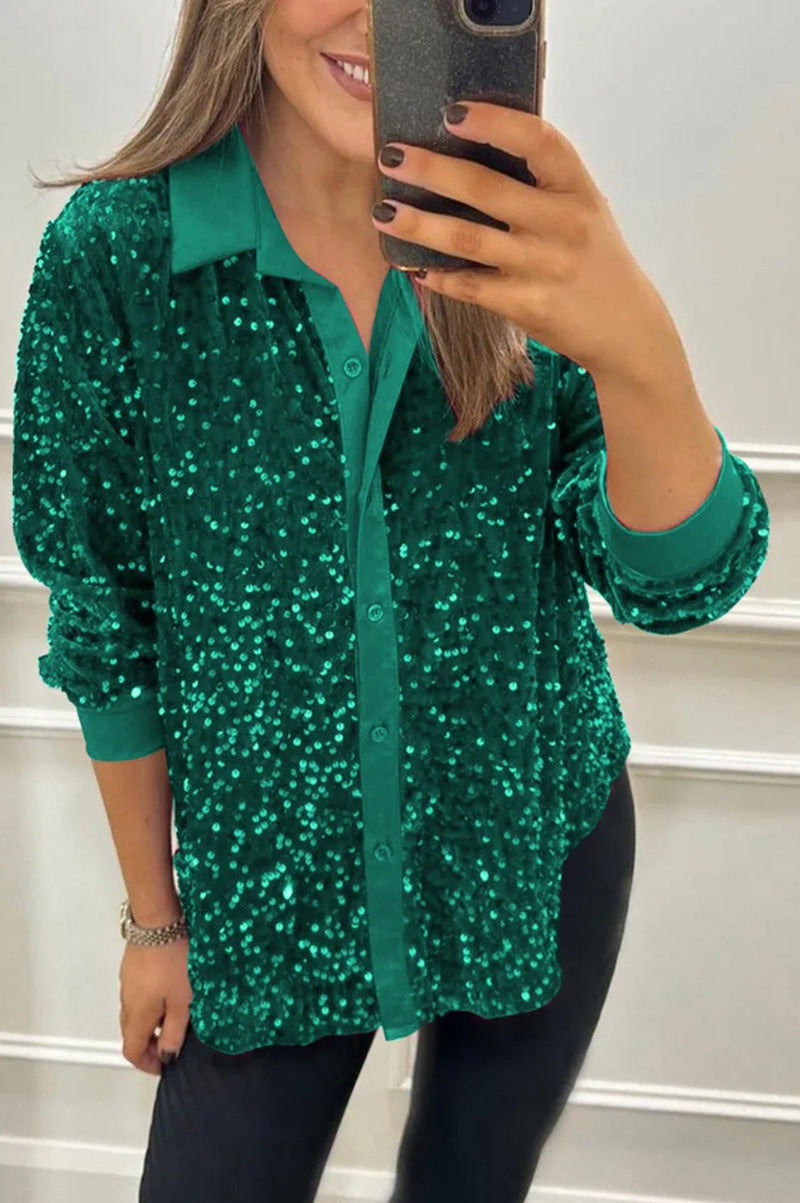 Kvinnors glamorösa paljettblus med klassisk krage och långa ärmar Mirla-Eva Jonsson
