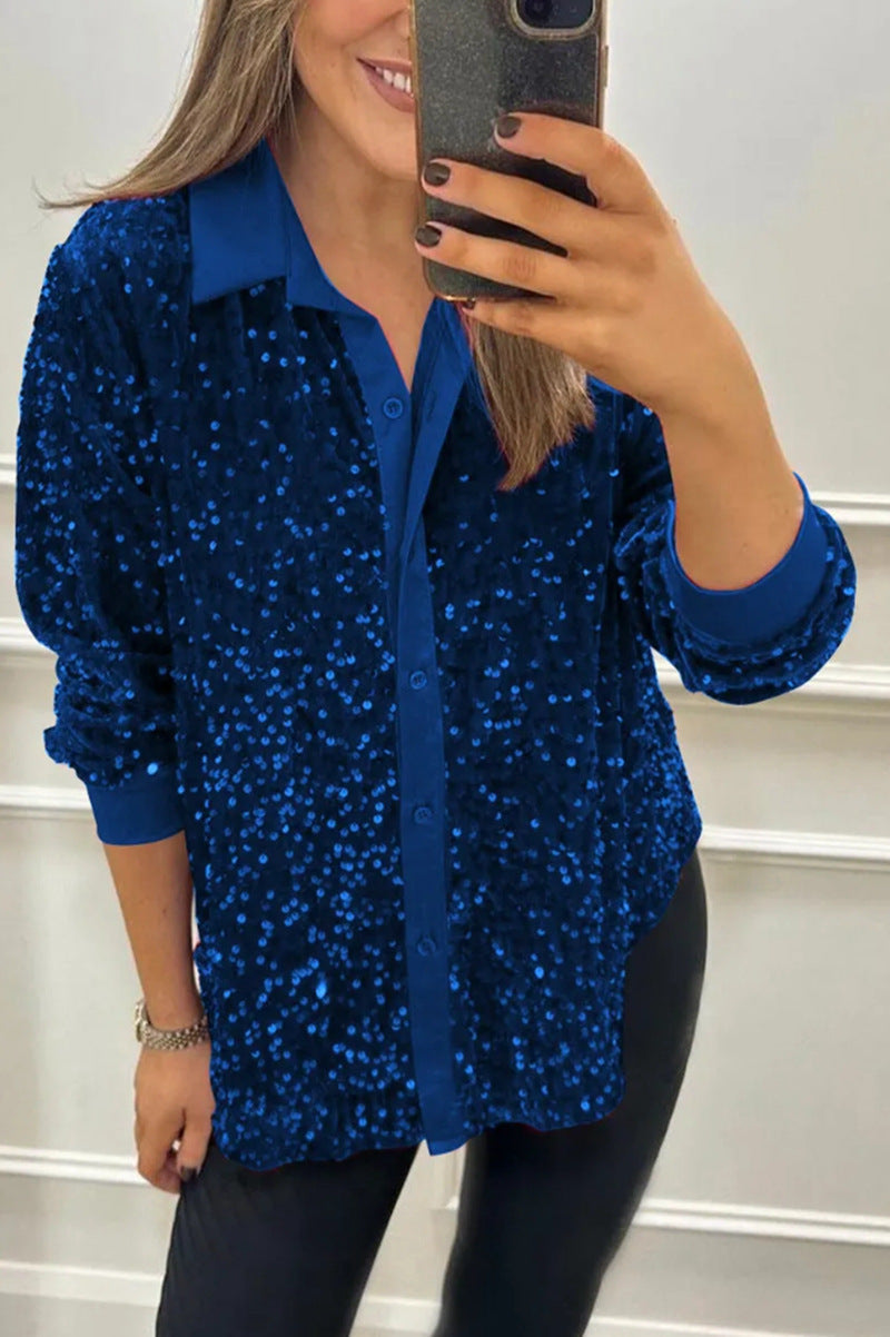 Kvinnors glamorösa paljettblus med klassisk krage och långa ärmar Mirla-Eva Jonsson