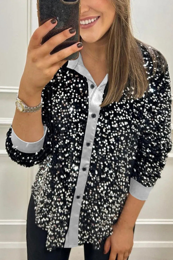 Kvinnors glamorösa paljettblus med klassisk krage och långa ärmar Mirla-Eva Jonsson