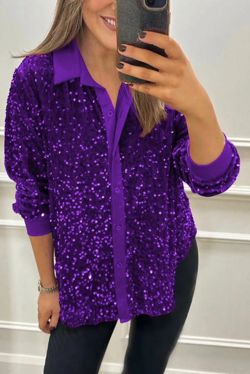 Kvinnors glamorösa paljettblus med klassisk krage och långa ärmar Mirla-Eva Jonsson