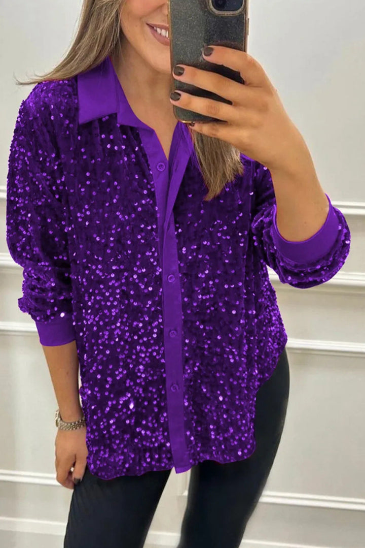 Kvinnors glamorösa paljettblus med klassisk krage och långa ärmar Mirla-Eva Jonsson