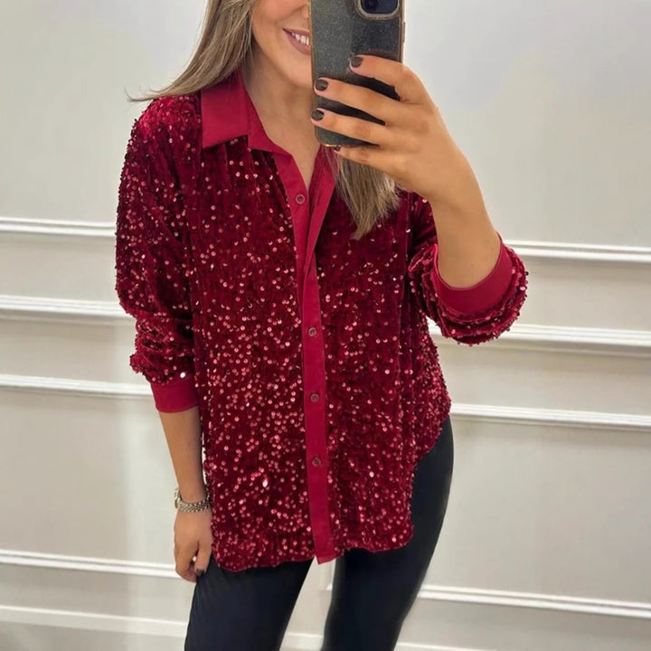 Kvinnors glamorösa paljettblus med klassisk krage och långa ärmar Mirla-Eva Jonsson