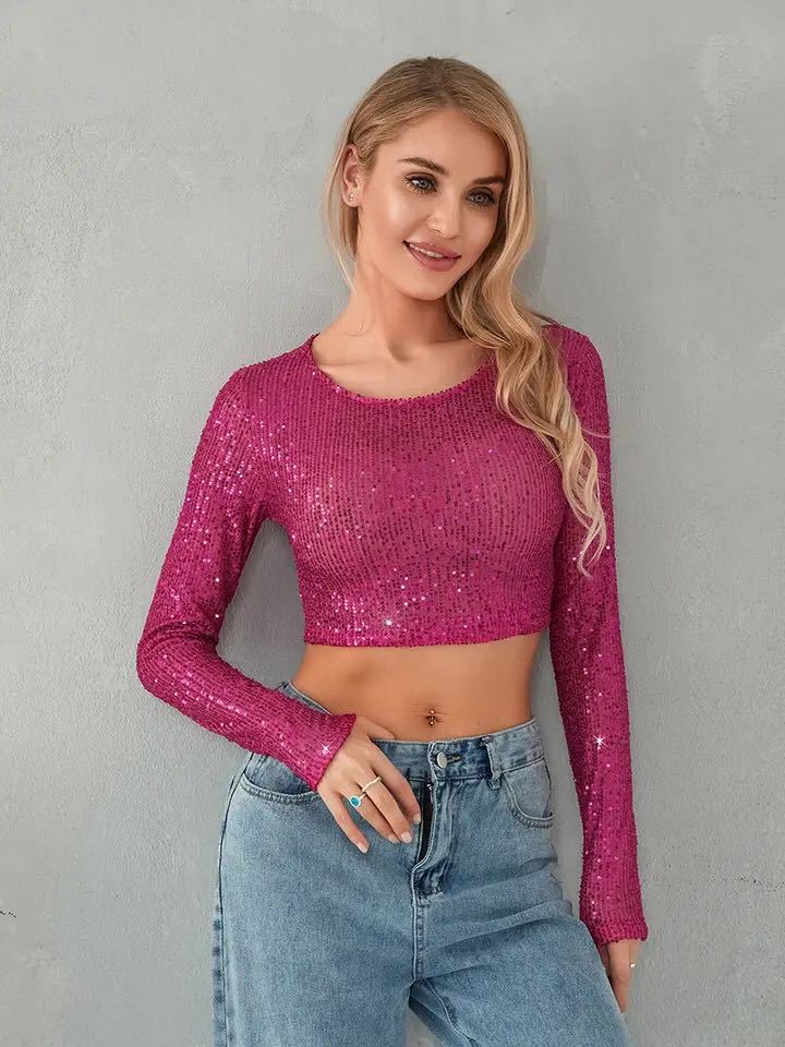 Kvinnors glittrande crop top med långa ärmar och figurnära snitt-Eva Jonsson