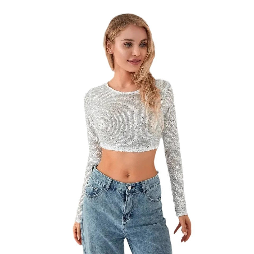 Kvinnors glittrande crop top med långa ärmar och figurnära snitt-Eva Jonsson