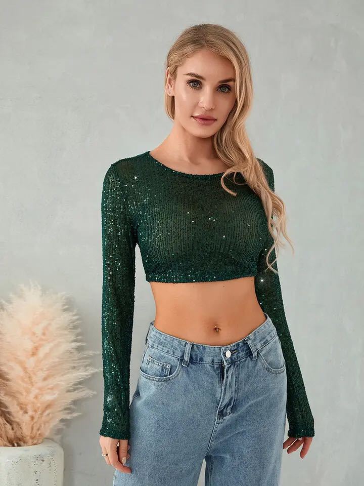 Kvinnors glittrande crop top med långa ärmar och figurnära snitt-Eva Jonsson