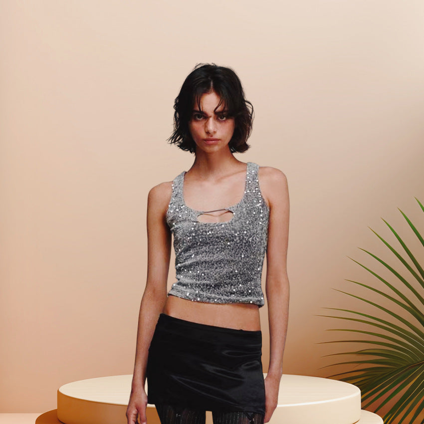 Kvinnors glittrande crop top med skimrande effekt och rundad halsringning Mirla-Eva Jonsson