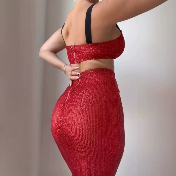 Kvinnors glittrande crop top och lång kjol set Mirla-Eva Jonsson