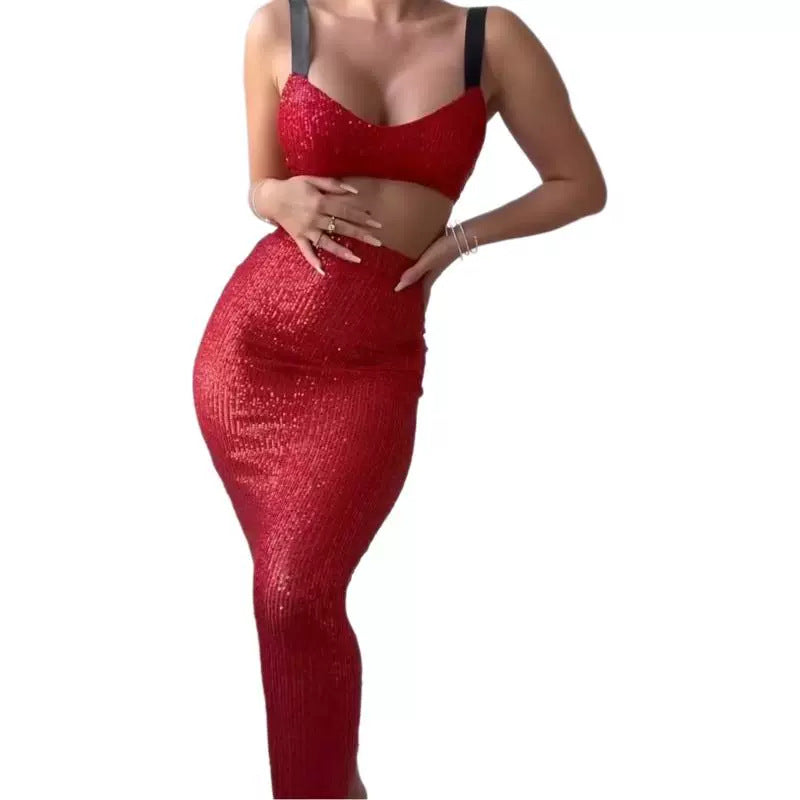 Kvinnors glittrande crop top och lång kjol set Mirla-Eva Jonsson