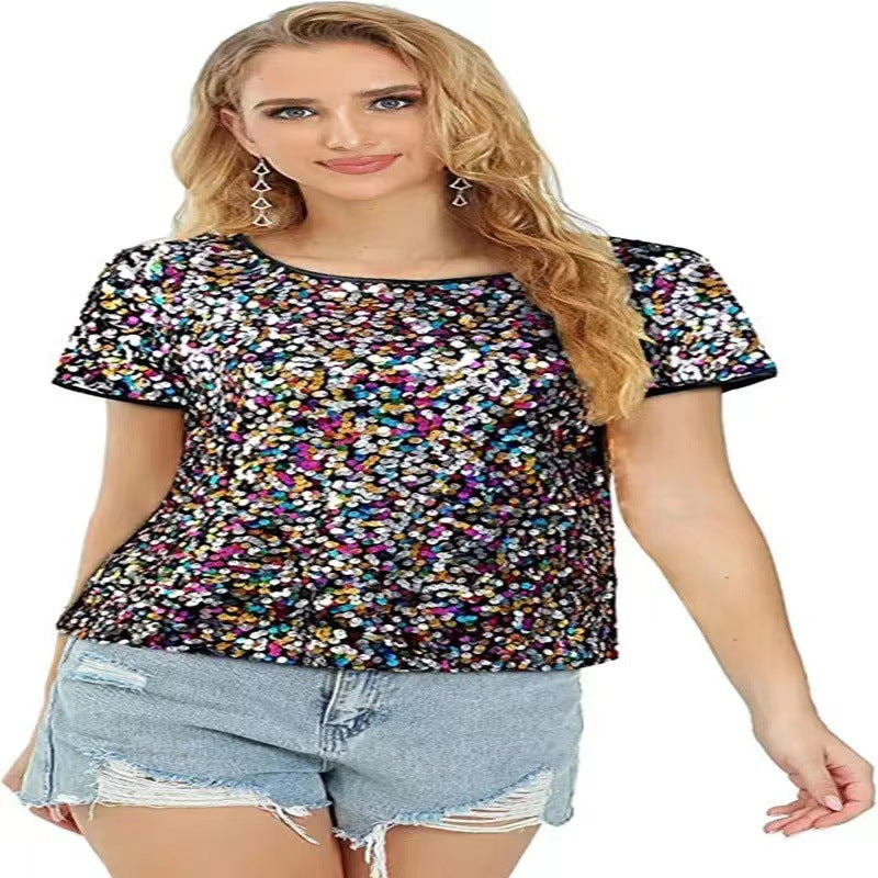 Kvinnors glittrande paljett T-shirt med avslappnad passform och bekvämt bomullsmaterial Mirla-Eva Jonsson