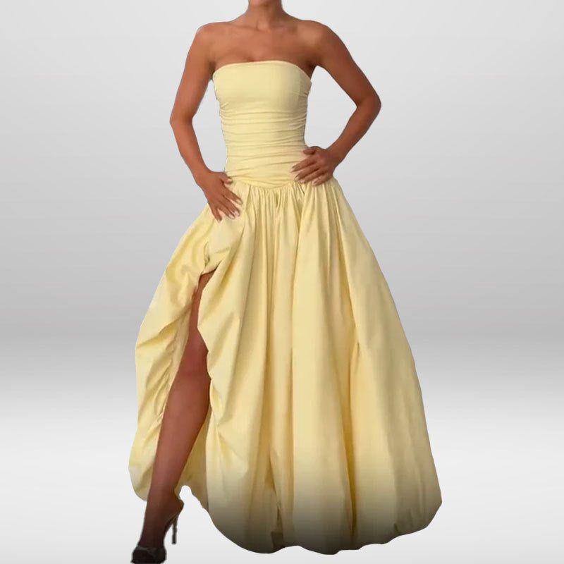 Kvinnors högkvalitativa bandeau maxi klänning med elegant slits och voluminös kjol Mirla-Eva Jonsson