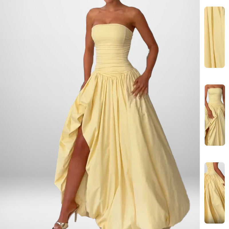 Kvinnors högkvalitativa bandeau maxi klänning med elegant slits och voluminös kjol Mirla-Eva Jonsson