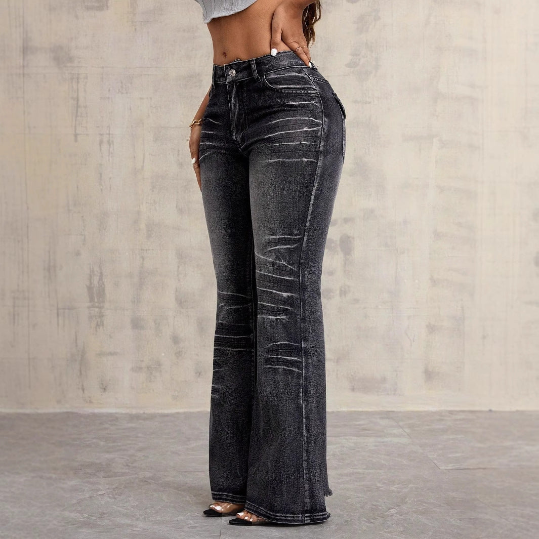 Kvinnors högmidjade bootcut jeans med moderiktig used-look Mirla-Eva Jonsson
