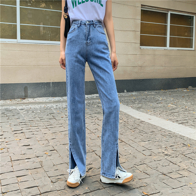 Kvinnors högmidjade denimbyxor med sidoklyftor Mirla-Eva Jonsson