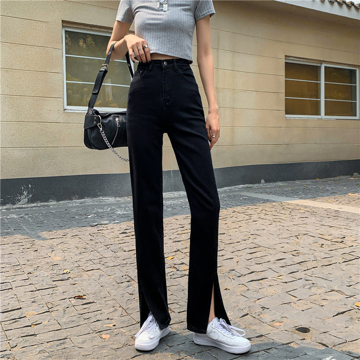 Kvinnors högmidjade denimbyxor med sidoklyftor Mirla-Eva Jonsson