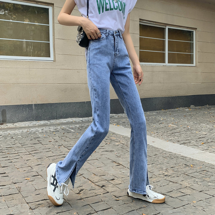 Kvinnors högmidjade denimbyxor med sidoklyftor Mirla-Eva Jonsson