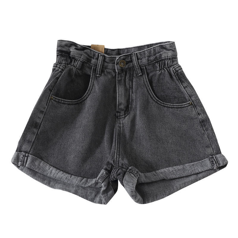 Kvinnors högmidjade denimshorts med konvertibel fåll och elastisk midja Mirla-Eva Jonsson