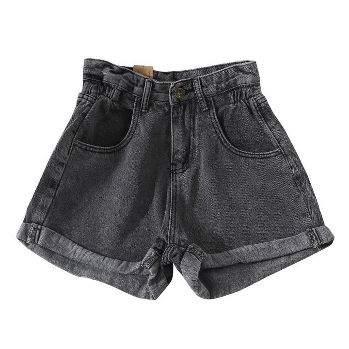 Kvinnors högmidjade denimshorts med konvertibel fåll och elastisk midja Mirla-Eva Jonsson