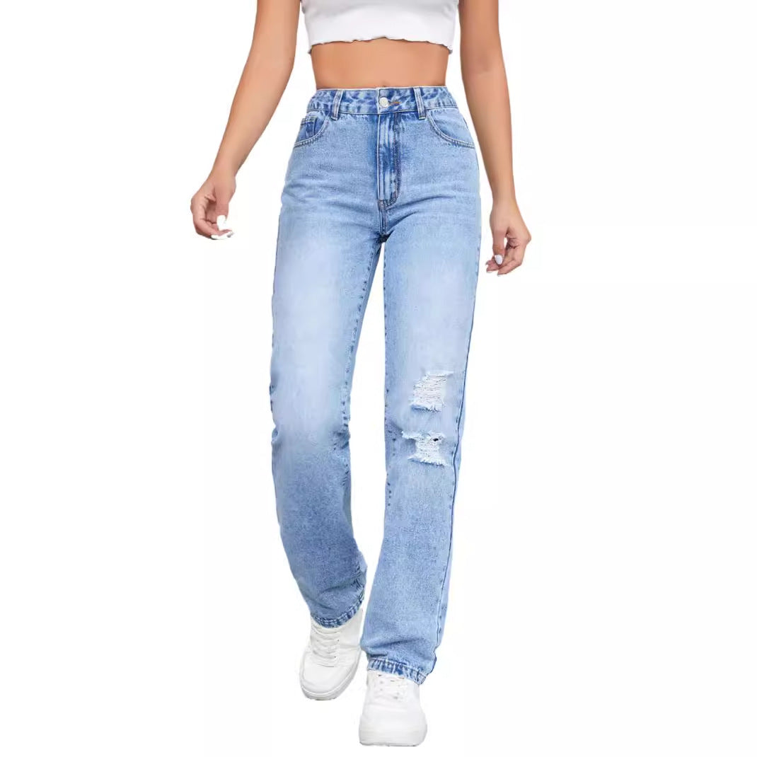 Kvinnors högmidjade jeans i en avslappnad vintage-stil med en snygg förstörd effekt Mirla-Eva Jonsson