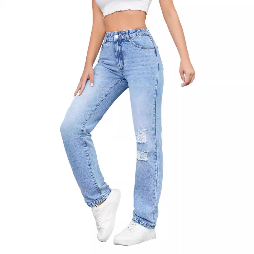 Kvinnors högmidjade jeans i en avslappnad vintage-stil med en snygg förstörd effekt Mirla-Eva Jonsson