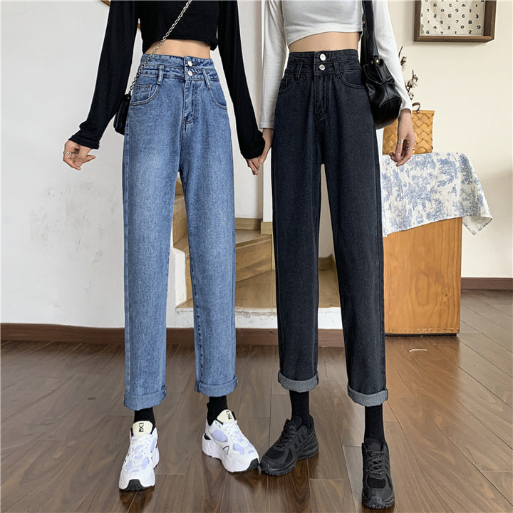 Kvinnors högmidjade mom jeans med avtagbara fållar Mirla-Eva Jonsson