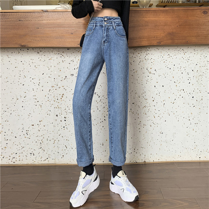 Kvinnors högmidjade mom jeans med avtagbara fållar Mirla-Eva Jonsson