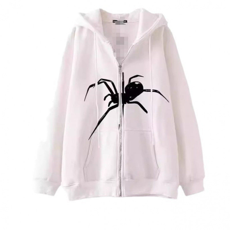 Kvinnors hooded jacka med kreativ spindelmotiv och praktisk dragkedja Mirla-Eva Jonsson