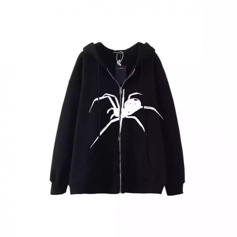 Kvinnors hooded jacka med kreativ spindelmotiv och praktisk dragkedja Mirla-Eva Jonsson